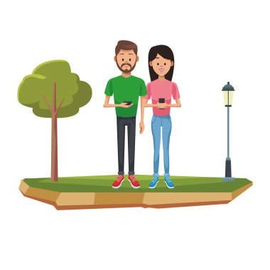 Genç çift akıllı telefonlar üzerinde sohbet illüstrasyon grafik tasarım vektör