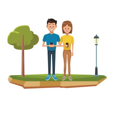 Genç çift akıllı telefonlar üzerinde sohbet illüstrasyon grafik tasarım vektör