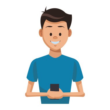 Genç adam akıllı telefon vektör çizim grafik tasarım kullanarak