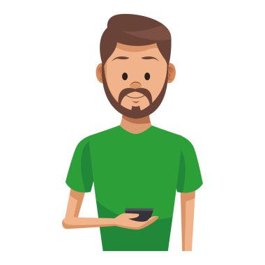 Genç adam akıllı telefon vektör çizim grafik tasarım kullanarak