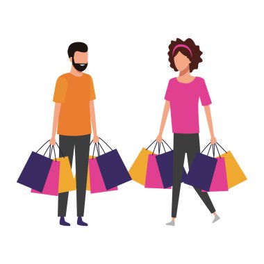 Alışveriş torbaları ve hediyeler karikatür vektör çizim grafik tasarımı ile çift