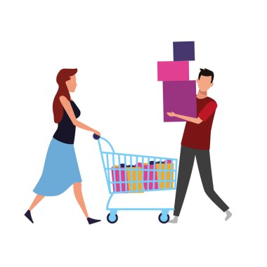 Alışveriş torbaları ile çift ve çizgi film vektör çizim grafik tasarım sepeti