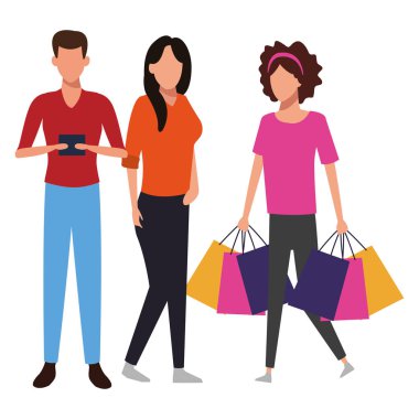 Alışveriş torbaları ve smartphone karikatür vektör çizim grafik tasarım grubu