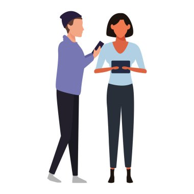 Arkadaş grubu smartphone ve tablet çizgi film illüstrasyon grafik tasarım vektör