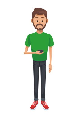 Genç adam akıllı telefon vektör çizim grafik tasarım kullanarak
