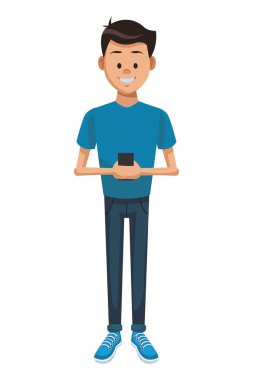 Genç adam akıllı telefon vektör çizim grafik tasarım kullanarak