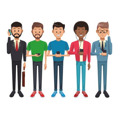 Gençler akıllı telefonlar ile illüstrasyon grafik tasarım vektör