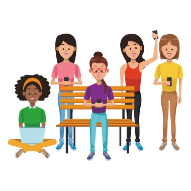 Akıllı telefonlar kullanarak ve ahşap Bank vektör çizim grafik tasarım oturmuş insanlar