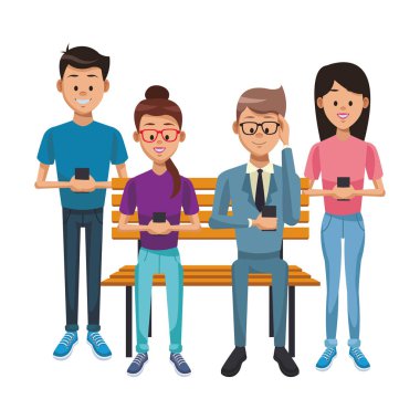 Akıllı telefonlar kullanarak ve ahşap Bank vektör çizim grafik tasarım oturmuş insanlar