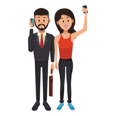 Konuşmak için Smartphone kullanarak çift ve selfie vektör çizim grafik tasarım al