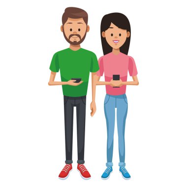 Genç çift akıllı telefonlar üzerinde sohbet illüstrasyon grafik tasarım vektör