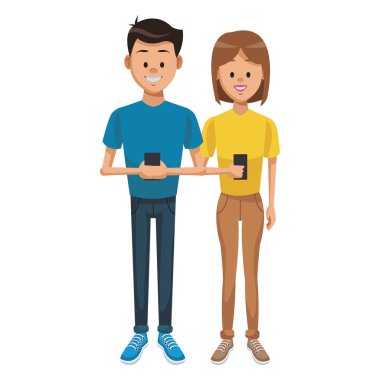 Genç çift akıllı telefonlar üzerinde sohbet illüstrasyon grafik tasarım vektör