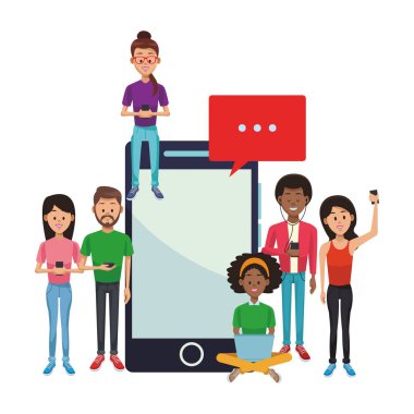Gençlerle akıllı telefonlar ve dizüstü vektör çizim grafik tasarım