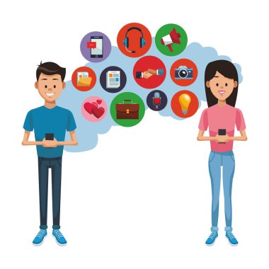 Genç çift akıllı telefonlar ve sosyal netowrk semboller üzerinde sohbet illüstrasyon grafik tasarım vektör