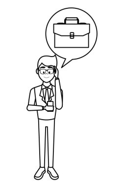 Çantayı balonun içinde siyah ve beyaz vektör çizim grafik tasarım ile Smartphone kullanarak iş adamı