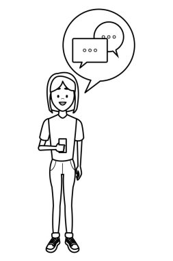 Genç sohbet balonun içinde siyah ve beyaz vektör çizim grafik tasarım ile akıllı telefon kullanan kadın