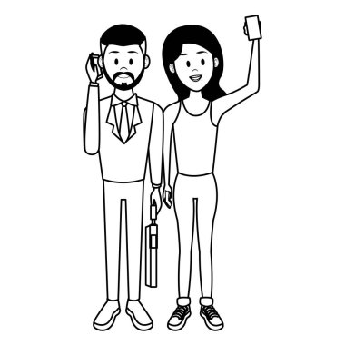 Konuşmak için Smartphone kullanarak çift ve selfie siyah ve beyaz vektör çizim grafik tasarım al