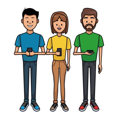 Gençler akıllı telefonlar ile illüstrasyon grafik tasarım vektör