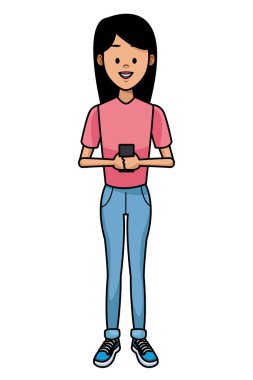 Genç smartphone vektör çizim grafik tasarım kullanan kadın