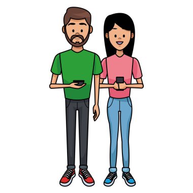 Genç çift akıllı telefonlar üzerinde sohbet illüstrasyon grafik tasarım vektör