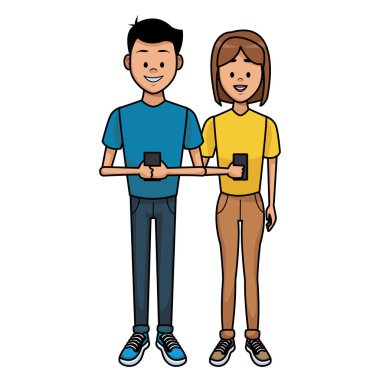 Genç çift akıllı telefonlar üzerinde sohbet illüstrasyon grafik tasarım vektör