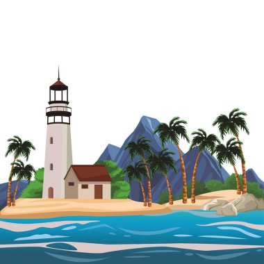 Plaj ve deniz feneri sahne vektör çizim grafik tasarımı ile ada
