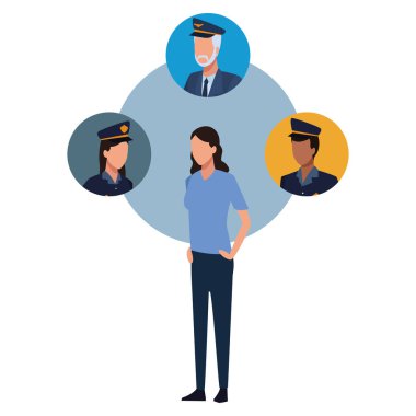 kadın polis memurları ve pilot yüzler var yuvarlak simge vektör çizim grafik tasarım