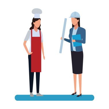 Kadın şef ve mimar Restoran planları vektör çizim grafik tasarım ile