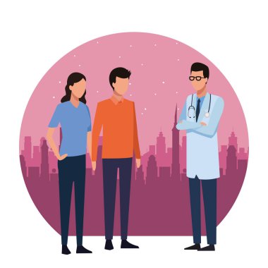 Doktor ve hasta avatar cityscape binalar üzerinde söz simge vektör çizim grafik tasarım yuvarlak