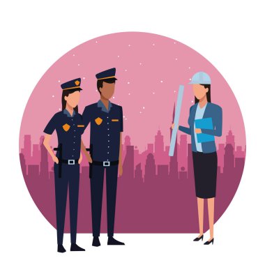 Polis memurları ve kadın mimar cityscape binaları yuvarlak simge vektör çizim grafik tasarım üzerinde planları ile