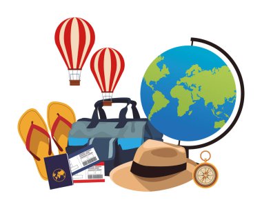 öğeleri ve madde panama şapka Bagaj pasaport flips floplar pusula sıcak hava küre beyaz arka plan vektör çizim grafik tasarım seyahat