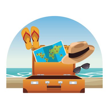 seyahat öğeleri ve madde Bagaj panama şapka ile çevirir floplar dünya harita güneş gözlüğü plaj manzara vektör çizim grafik tasarım