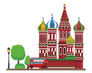 saint Basil Katedrali'nden ağaç ve çift katlı otobüs vektör çizim grafik tasarım ile