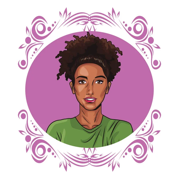 Pop Art Afro Femme Dessin Animé Sur Cadre Rond Vintage — Image vectorielle