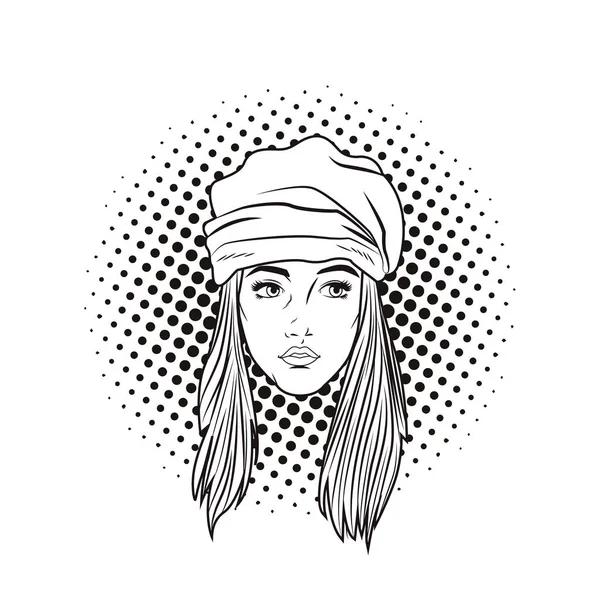 Pop Art Femme Avec Bonnet Chapeau Dessin Animé Noir Blanc — Image vectorielle