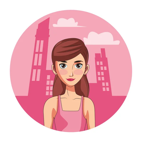 Young Woman Face Cartoon Front Camera City Landscape Color Icon — Stock Vector