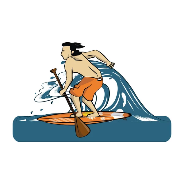 Sommer Surfer Mann Mit Surftisch Über Welle Cartoon Vektor Illustration — Stockvektor