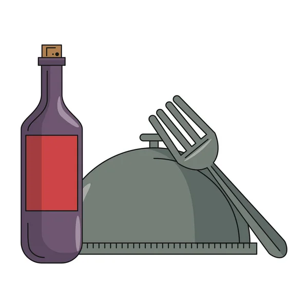 Nourriture Délicieuse Avec Vin Restaurant Cloche Avec Fourchette Dessin Animé — Image vectorielle