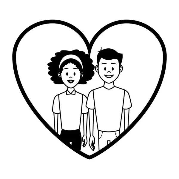 Junges Paar Frau Und Mann Cartoon Über Herzförmigen Rahmen Vektor — Stockvektor