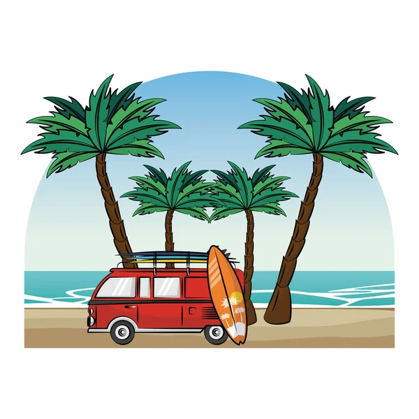 Verão Carro Vintage Com Mesa Surf Praia Desenhos Animados Vetor — Vetor de Stock