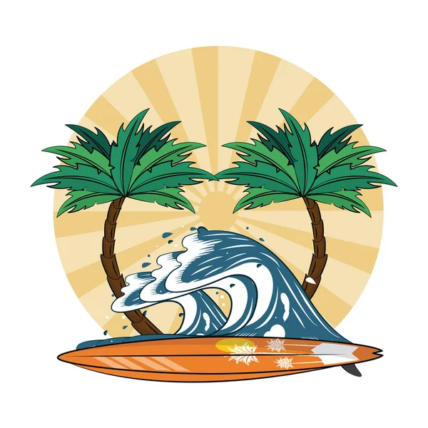Yaz Plaj Sörf Tablo Ile Dalga Palmiye Ağaçları Çizgi Film — Stok Vektör
