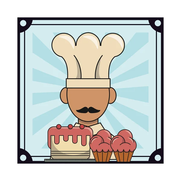 Koch Mit Cupcakes Und Kuchen Cartoon Vektor Illustration Grafik Design — Stockvektor