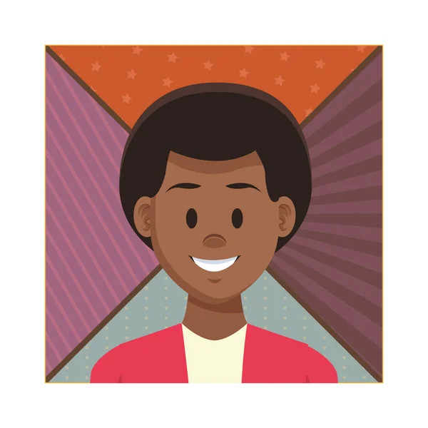 Man Afro Profiel Lachende Cartoon Gestreept Bezaaid Achtergrond Frame Vector — Stockvector