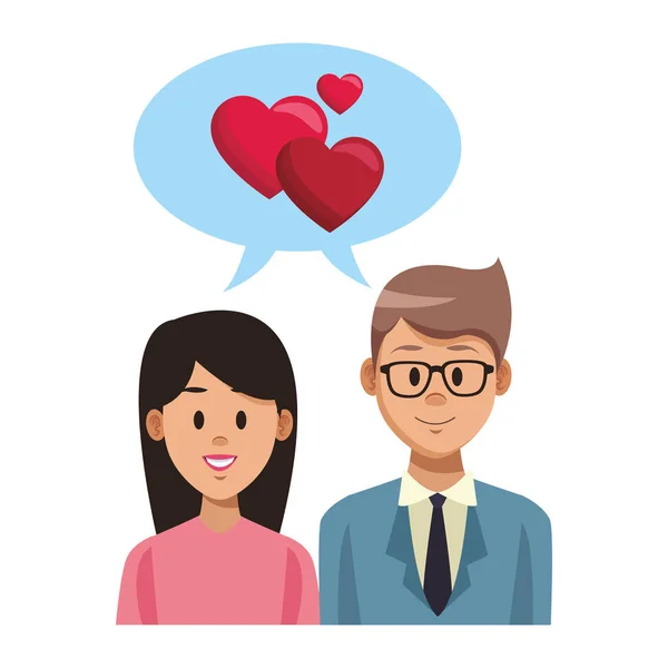 Young Couple Woman Man Cartoon Hearts Speech Bubbles Vector Illustration — Stock Vector