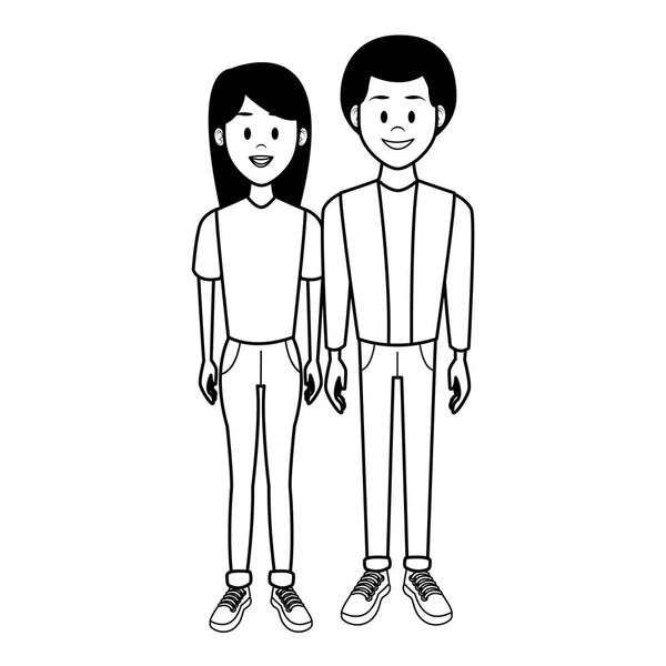 Jeune Couple Femme Homme Dessin Animé Noir Blanc Vectoriel Illustration — Image vectorielle