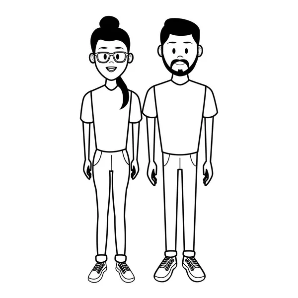 Jeune Couple Femme Homme Dessin Animé Noir Blanc Vectoriel Illustration — Image vectorielle