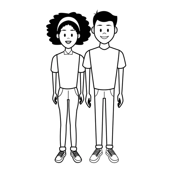 Junges Paar Frau Und Mann Karikatur Schwarz Weiß Vektorillustration Grafikdesign — Stockvektor