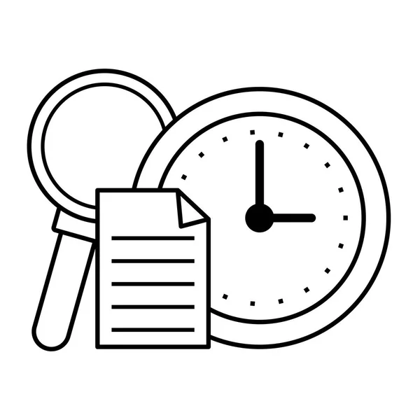 Uhr Mit Lupe Und Timer Schwarz Weiß Vektorillustration Grafikdesign — Stockvektor