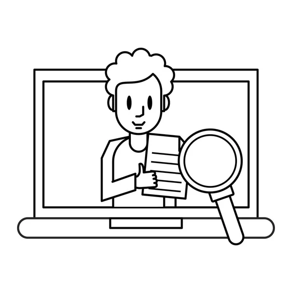 Homem Com Documento Tela Laptop Lupa Preto Branco Vetor Ilustração — Vetor de Stock