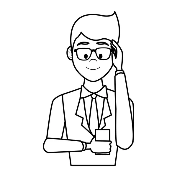 Siyah Beyaz Vektör Çizim Grafik Tasarımında Smartphone Kullanarak Adamı — Stok Vektör